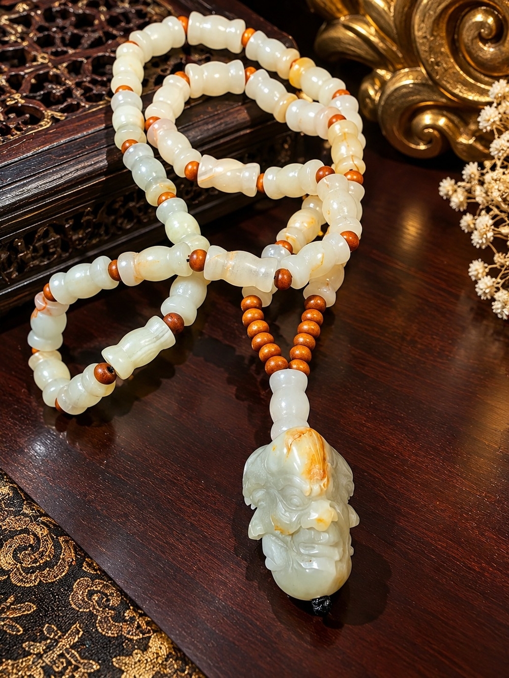 Chinese Hetian Jade Luohan Head Pendant Carved Beaded Necklace 27.2" 84g